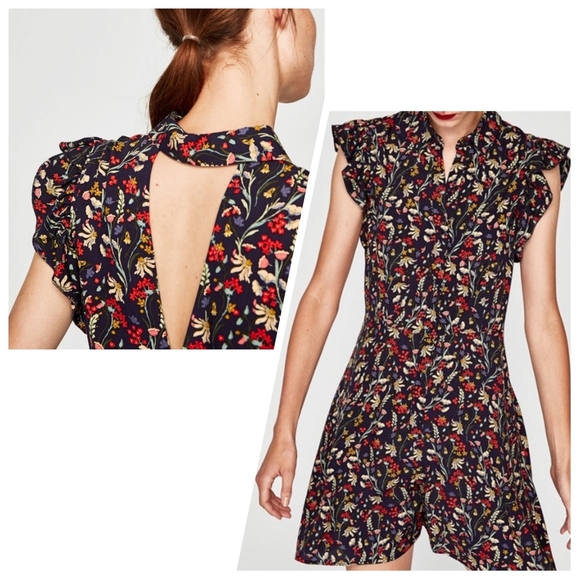 Zara Dark Blue Floral Flowy Romper Jumpsuit - Picture 2 of 16